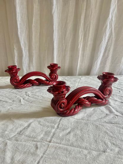 Vintage french red Vallauris ceramic candle holders.