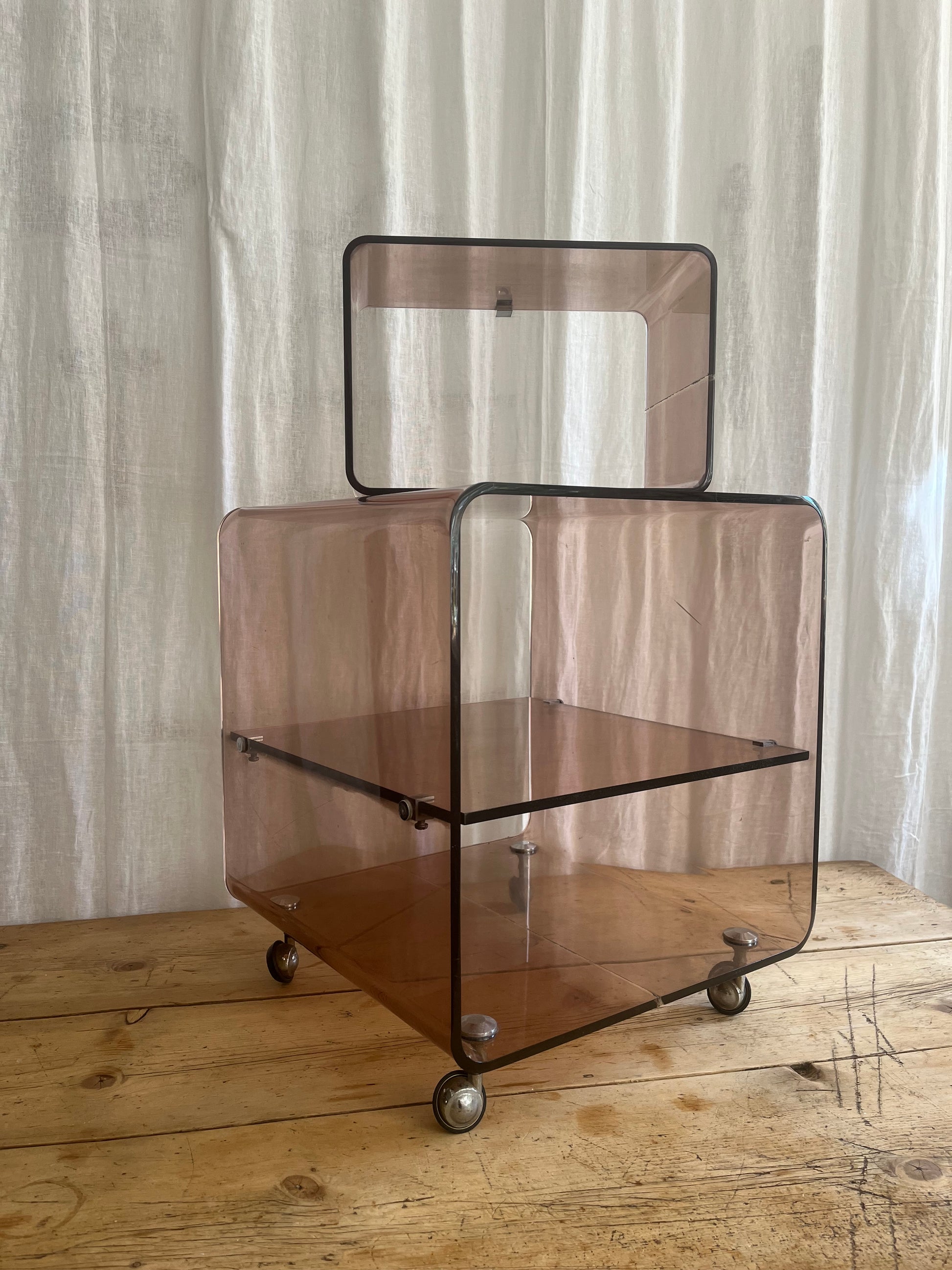 Michel Dumas for Roche Bobois vintage 1970s  french clear brown smoked perspex coffee side table with shelves